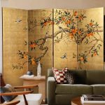 "Art Deco Alloy Antique Brass 4 Panels Double Sided Print Fold-up Room Screen with Opaque Filtration"