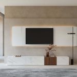 "Vewal 78.9" Modern Wood Block TV Stand Marble & Walnut Veneer in White with 4  Drawers"