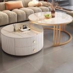 "Nested Frame Rounded Accent Table with 2 Drawers, Gold, 31.5"L x 31.5"W x 18"H + 23.5"L x 23.5"W x 15.5"H"