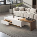 "White & Walnut Extendable Rectangle Coffee Table with Drawer & Sliding Storage"