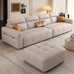 "Elegant Off-White Standard Sofa in Artificial Leather with 3 Pillows, Sponge, 134"L x 34"W x 24"H"