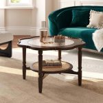 "31.5" Walnut Glass Top Wood Rattan 2-Tiered Coffee Table 	"
