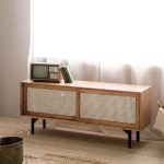 "Cottage Natural 60 inch TV Stand with Rattan Woven Doors & Adjustable Shelves"