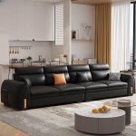 "Contemporary Modern Ink Water Resistant Solid Color Standard Sofa for 5 with 5 Pillows, Anti Cat Scratch Leather, 142"L x 26"W x 34"H"