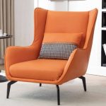 "Contemporary Solid Color Accent Chair with Pillow Back in Cerulean/Deep Green/Apricot Color, Arms and Pillow - Orange Anti Cat Scratch Leather"