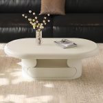 "Oblong Lumber Coffee Table with 1 Drawer on Pedestal Base, Cream Color, Postmodern Single Style, 51"L x 28"W x 17"H"