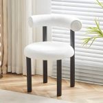 "Contemporary Vanity Stool with Back, Sherpa Upholstered and Black Legs - Beige"