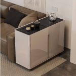 "Rectangle Swivel Wheels Coffee Table with Black Top, Storage Shelf, Wheel Base, Door and Hutch Included, 24"L x 16"W x 27"H"