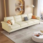 "Cream Standard Sofa with Armrest and 4 Pillows for Parlor, 83"L x 31.5"W x 33"H, Anti Cat Scratch Leather"