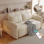 "Latex Filing Water-resistant Twin Size Sleeper Sofa with Pillow, Detachable Mattress and Square Arm for 2 Seater, Genuine Leather, 41"L x 41"W x 37"H"