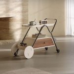 "Cream Chairside Table with Turned Swivel and Wheels, 16"L x 35"W x 24"H"