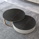 "Set of 2 Round Sintered Stone Top Nesting Coffee Table with Drawer Black & Gold"