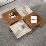 "39.4" Square Modern Sintered Stone Coffee Table Walnut Veneer Coffee Table in Gold Frame"