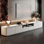 "Rectangular Engineered Wood TV Stand with Door, 4 Cabinets, 2 Drawers, Cable Management, and Unsheltered Storage, 102"L x 16"W x 18"H, Dark Gray/ White"