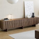 "Rectangular Midnight Black Oak Wood TV Stand with Shelf, 4 Drawers, 2 Cabinets, and Cable Management"