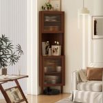 "Trendy Corner Independent Accent Cabinet with Hutch, Glass Door, and Changeable Shelf in Chalk/Sepia/Wood Color - Black"