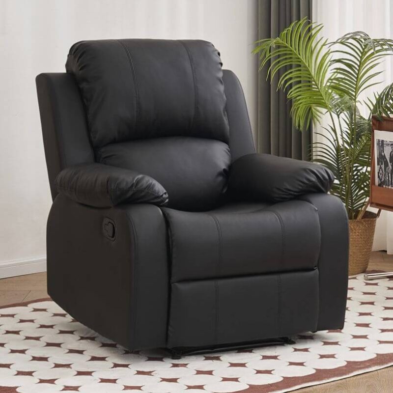 "Black Manual Recliner with Rotating Base, Lumbar Support, Wood Frame, Independent Foot Movement, Locking Back Angle, and Solid Color, PU (Polyurethane)"
