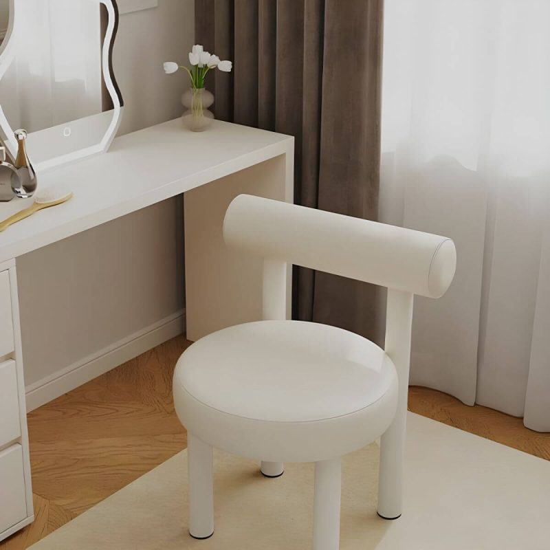 "Solid Color Upholstered Vanity Stool with Tall Back and Metal Legs in Modern Design - Dark Camel Anti Cat Scratch Leather"