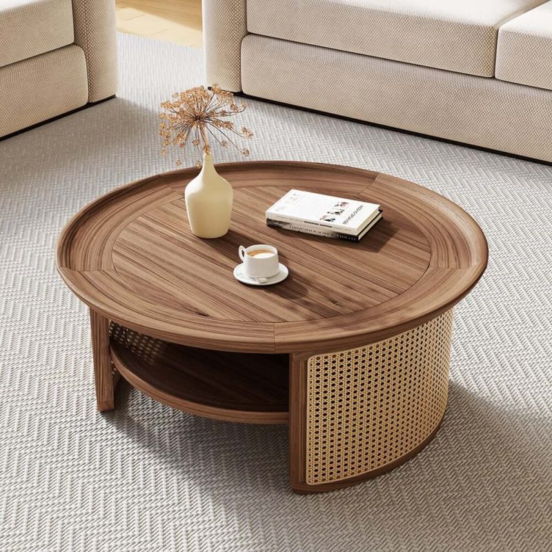 "2-Tiered Japandi Round  Walnut Wood Coffee Table with Storage Rattan Base"