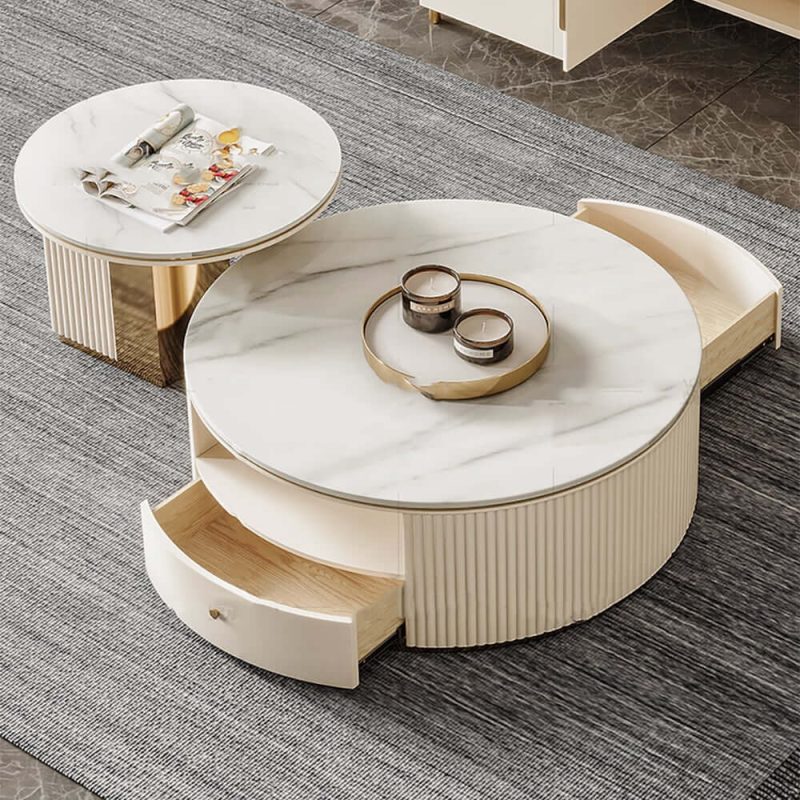 "Mytures Modern Round Nesting Coffee Table with Storage White Sintered Stone Set of 2"