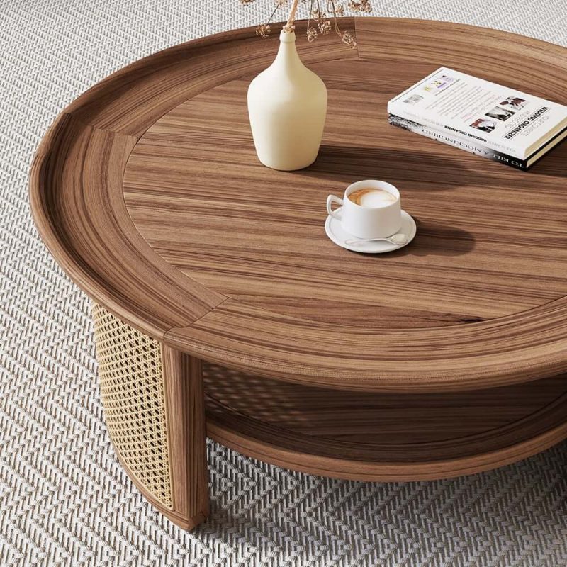 "2-Tiered Japandi Round  Walnut Wood Coffee Table with Storage Rattan Base"