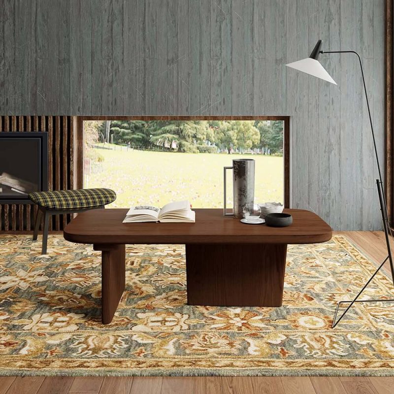 "Pine Wood Coffee Table Rectangle-shaped in Walnut with Abstract Base Japandi"