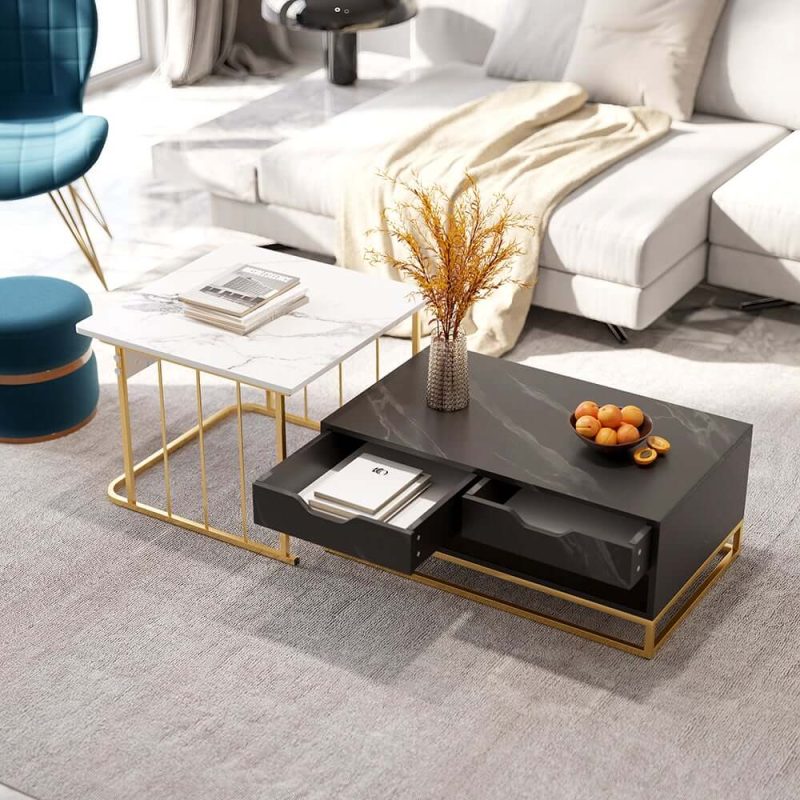 "Modern Wood Nesting Coffee Table Set of 2 with Drawers & Shelves in Black & White"