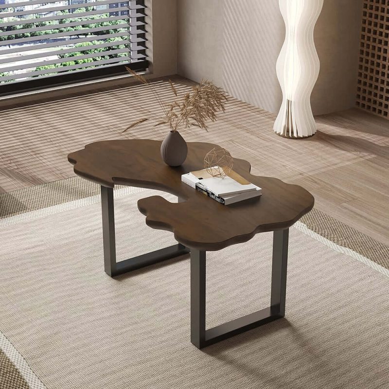"Rustic 39.8" Live-Edge Coffee Table Walnut & Black with Wooden Tabletop & Metal Base "