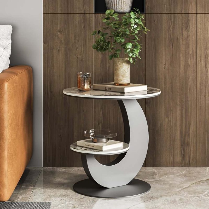 "20" Round Sintered Stone 2-Tier Moon-Shaped Side Table"