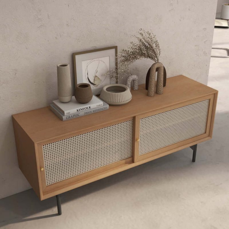 "Cottage Natural 60 inch TV Stand with Rattan Woven Doors & Adjustable Shelves"