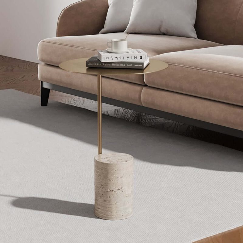 "Beige Modern Stone Travertine Side Table with Stainless Steel in Gold Frame"