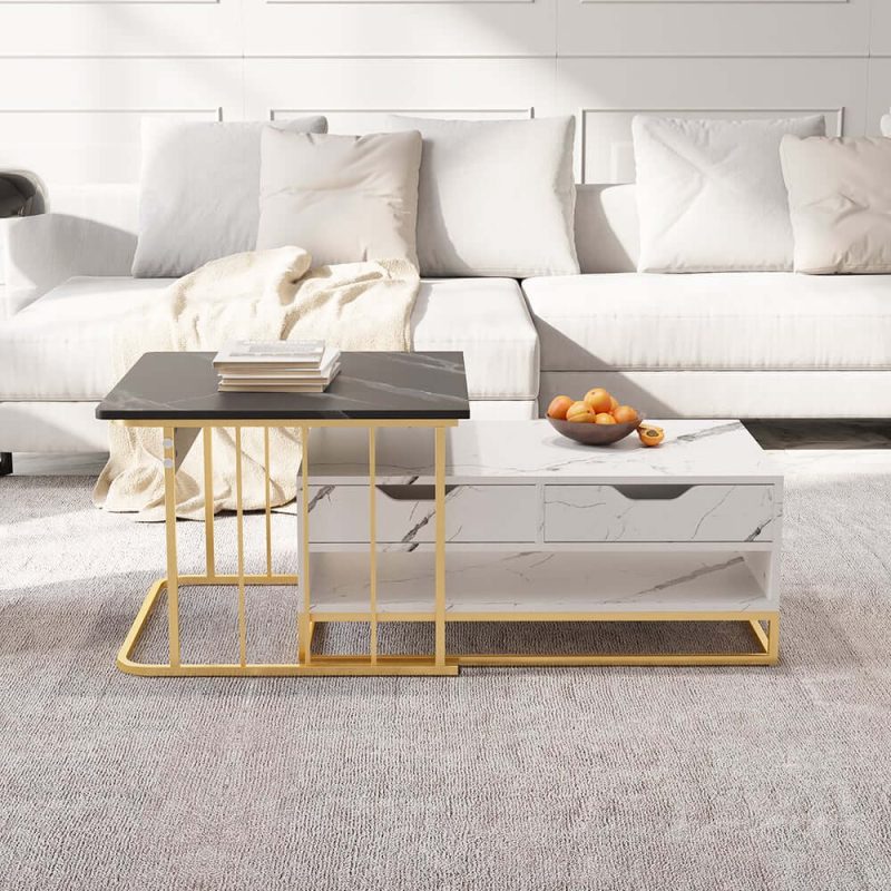 "Modern Wood Nesting Coffee Table Set of 2 with Drawers & Shelves in Black & White"
