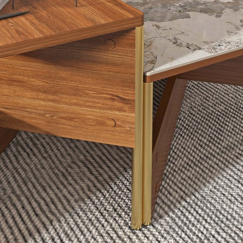 "39.4" Square Modern Sintered Stone Coffee Table Walnut Veneer Coffee Table in Gold Frame"