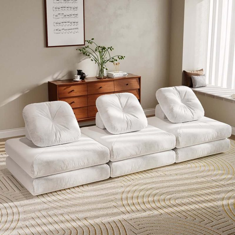 "White Cloud Modular Sectional Convertible 3-Seater Sofa Velvet Upholstered with Pillows"