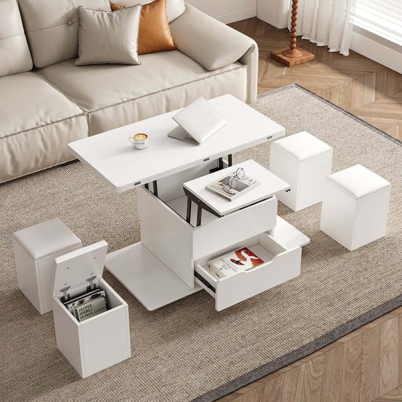 "39" Lift-Top Foldable Coffee Table with 4 Stools & Storage"