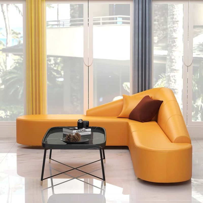 "Modern 6-Seater Orange L-Shaped Corner Sectional Sofa Faux Leather Upholstery"