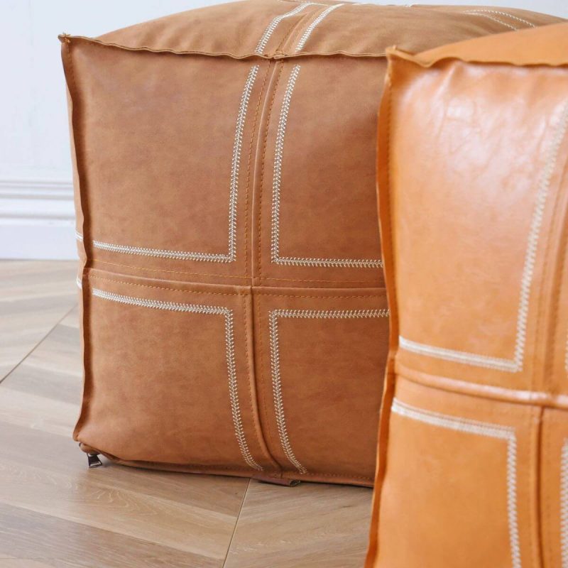 "Geometric Genuine Leather Square Pouf Ottoman for Modern Style - Removable Cushion Cover Included - Beige 2 Piece Set"