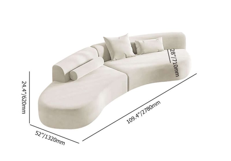 "Dimension of 109" 2-Piece Curved Velvet Sectional Sofa with Pillows"