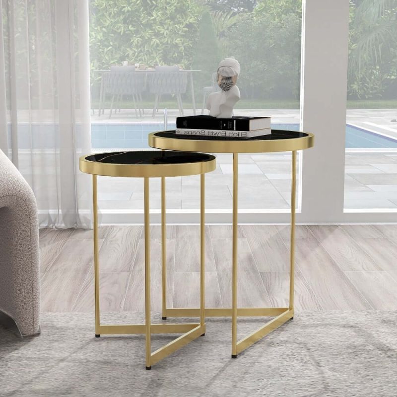 "Black End Table Sets Modern Marble Top Side Table"
