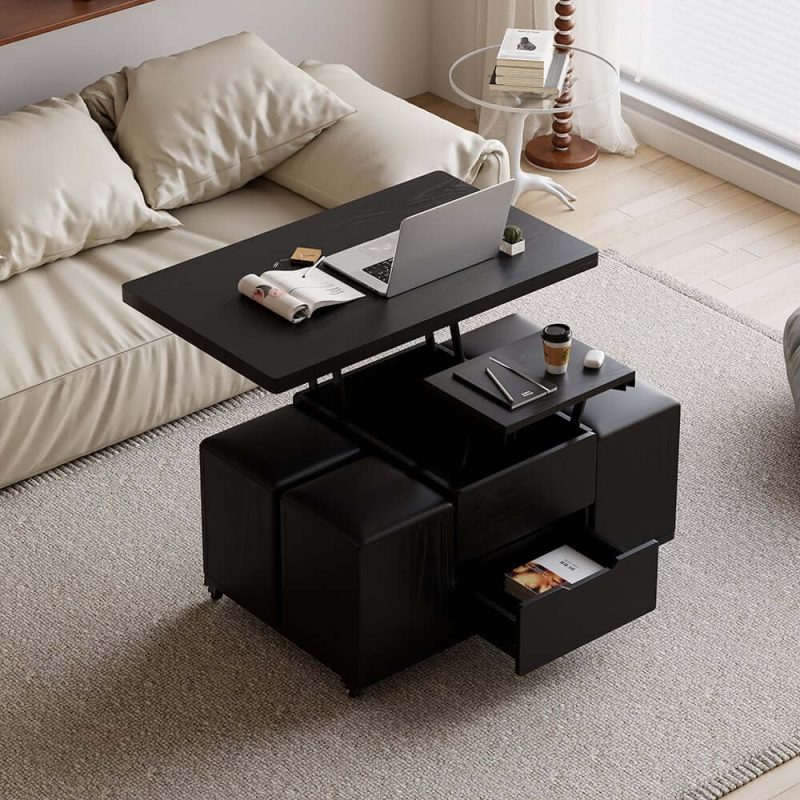 "39" Lift-Top Foldable Coffee Table with 4 Stools & Storage"