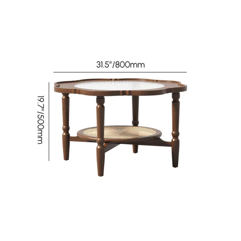 "Dimension of 31.5" Walnut Glass Top Wood Rattan 2-Tiered Coffee Table 	"