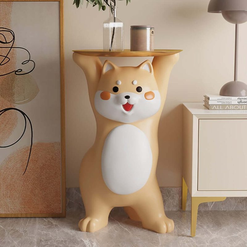 "Modern Dog Side Table Resin Figurine with Gold Tray"