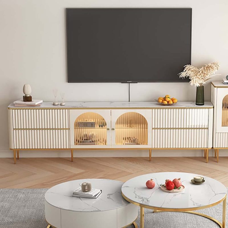 "80" White Glass Door Fluted Stone TV Stand Wood Media Cabinet for 85" TV with Drawers"