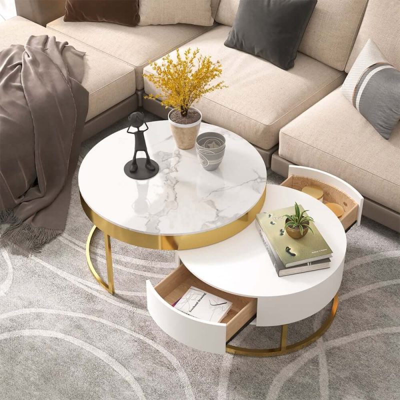 "Nesnesis Modern Round Sintered Stone Nesting Wood Coffee Table with Drawers in White"
