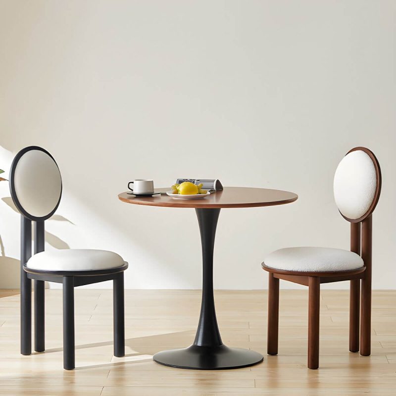 "Modern Vanity Stool with Round Back, White Upholstered and Wood Straight Legs - Black Design 1"