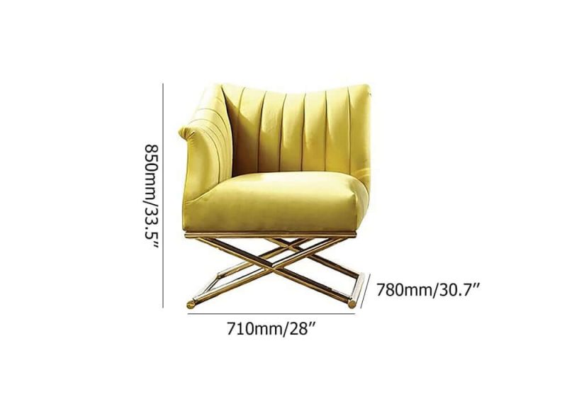 "Dimension of Yellow Velvet-upholstered Accent Chair with Right Side Armrest and Gold Legs"