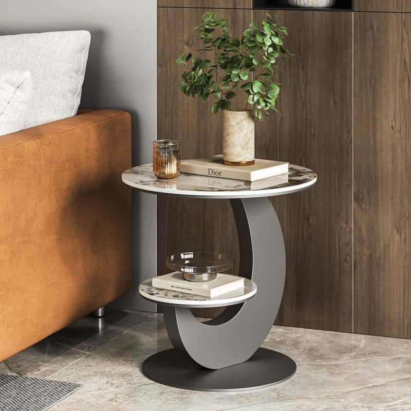 "20" Round Sintered Stone 2-Tier Moon-Shaped Side Table"