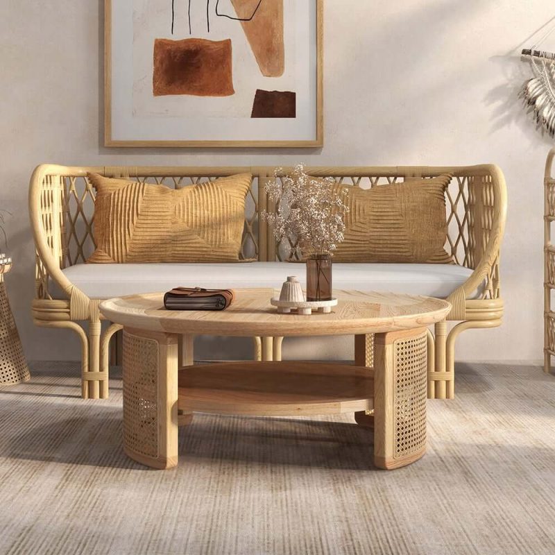 "2-Tiered Japandi Round Wood Coffee Table with Rattan Base"