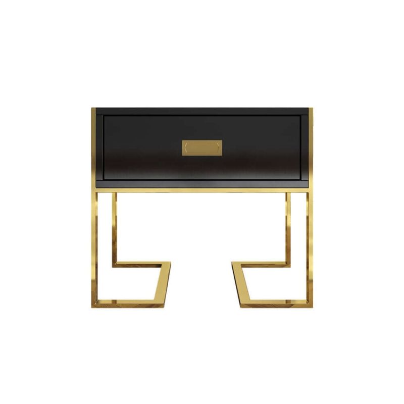 "Jocise Modern Black Wooden End Table with 1 Drawer & Golden Double Pedestal"