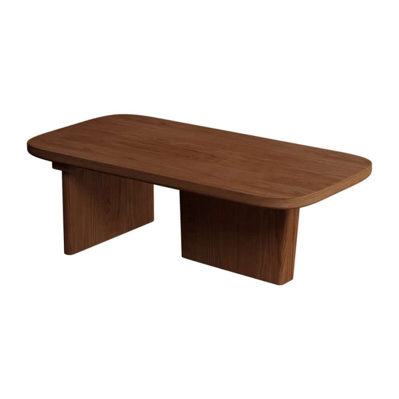 "Pine Wood Coffee Table Rectangle-shaped in Walnut with Abstract Base Japandi"